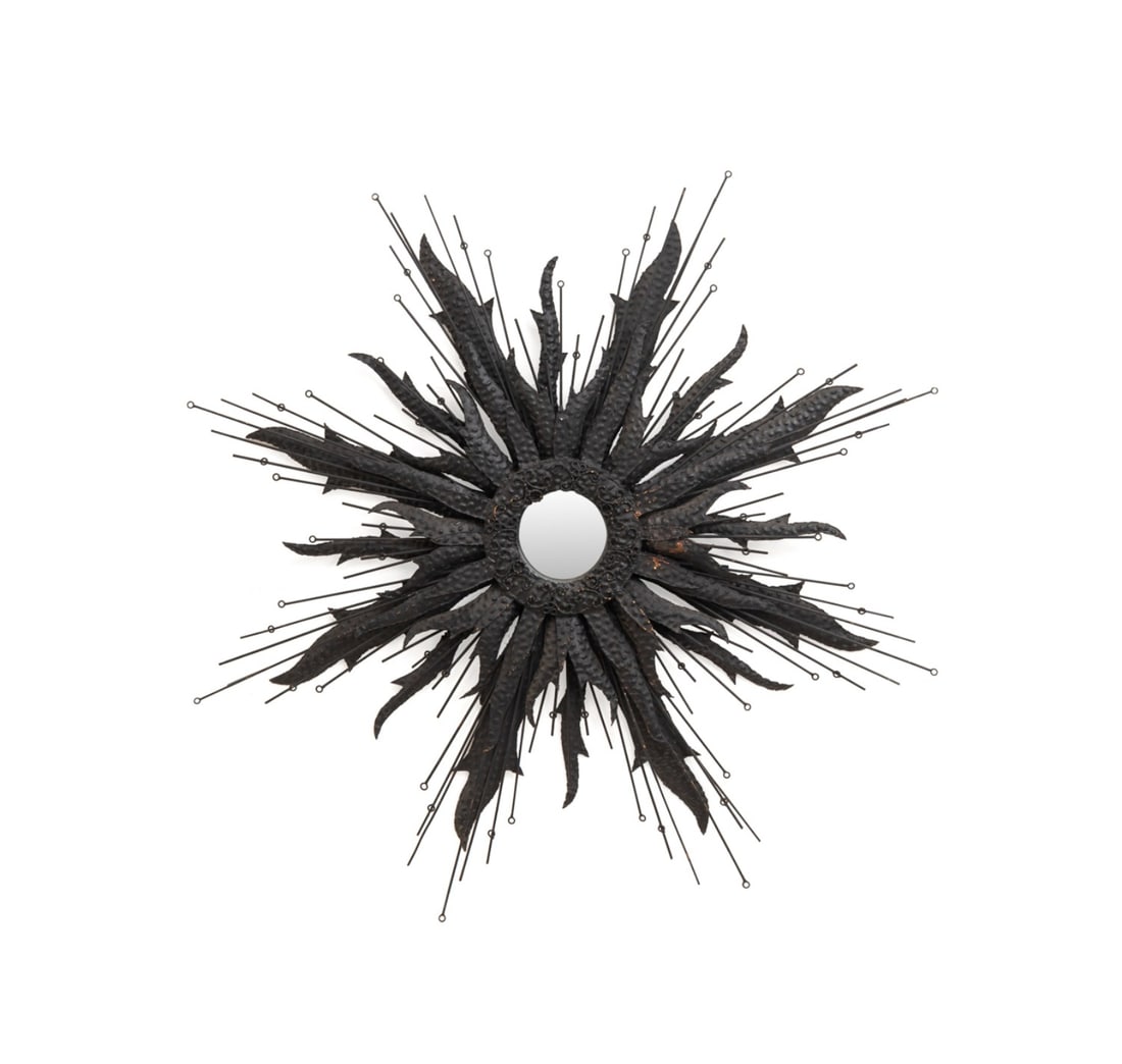 BRUTALIST STARBURST BLACK IRON HANGING MIRROR: American, 1960s. Mid-Century Modern sculptural Brutalist starburst hanging mirror, with black painted iron, apparently unmarked. Approximate dimensions: dia. 62".