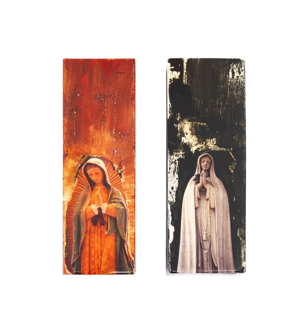 A. WHITE, TWO IMAGES OF THE VIRGIN MARY ON WOOD: A. White (20th-21st century). "An Answered Prayer for U" and Untitled - Pair of Images of the Virgin Mary on Wood - 2009, mixed media, both signed "A White" to verso, one titled and dated to verso.