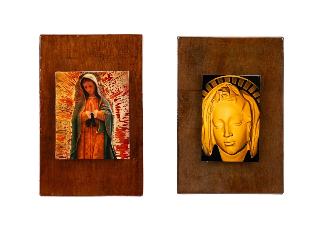 A. WHITE, TWO IMAGES OF THE VIRGIN MARY ON WOOD: A. White (20th-21st century). Untitled - Pair of Images of the Virgin Mary on Wood, mixed media, both signed "A White" to verso. Unframed. Provenance: Private Collection of an Esteemed Gentleman,