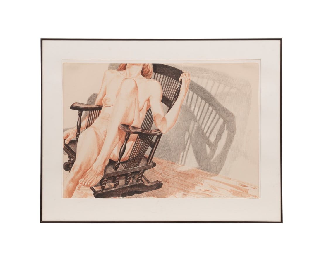 PHILIP PEARLSTEIN, 'NUDE WITH ROCKER', 1977, LITHO: Philip Pearlstein (American, 1924-2022). "Nude with Rocker" - 1977, lithograph in colors, numbered 11 of 100, signed to LR. Framed. Approximate dimensions: sheet h. 23.35", w. 33.75"; frame h.