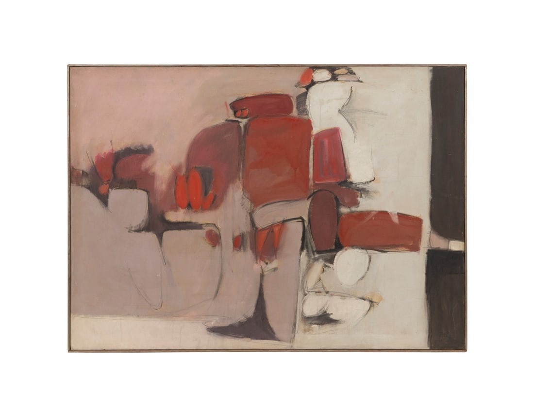 'THERMAL' MODERN ABSTRACT O/C, 1956, SIGNED: American School, 1956. "Thermal" - red and pink modern abstract, oil over pencil on canvas, signed "Ernest R. Smith" to LR, signed and titled to stretcher, dated to verso. Framed. Approximate