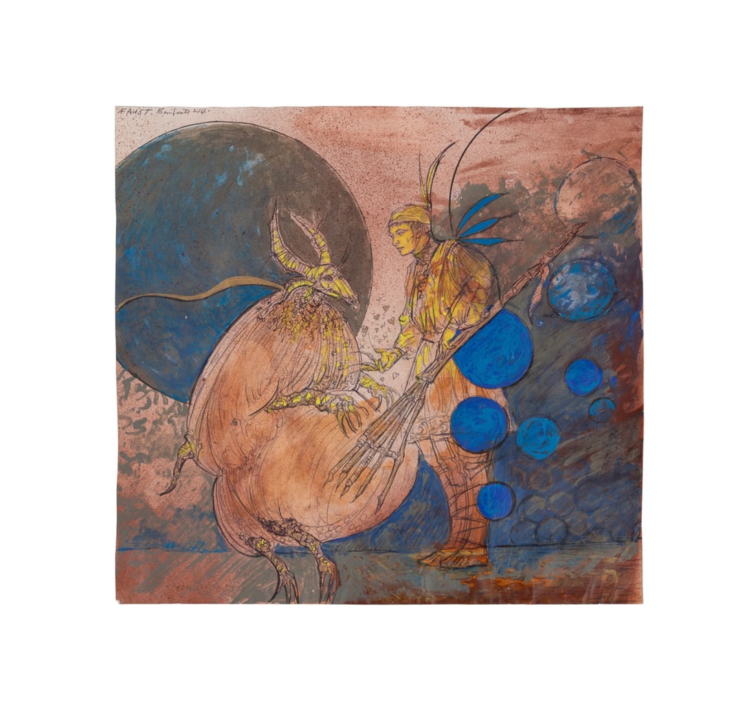 BEN SMITH, 'FAUST', MIXED MEDIA ON PAPER: Ben Smith (American, born 1941). "Faust" - mixed media on paper, titled, signed, and possibly dated to UL, signed in pencil to LL. Unframed. Approximate dimensions: sheet h. 17.875", w. 18.875".