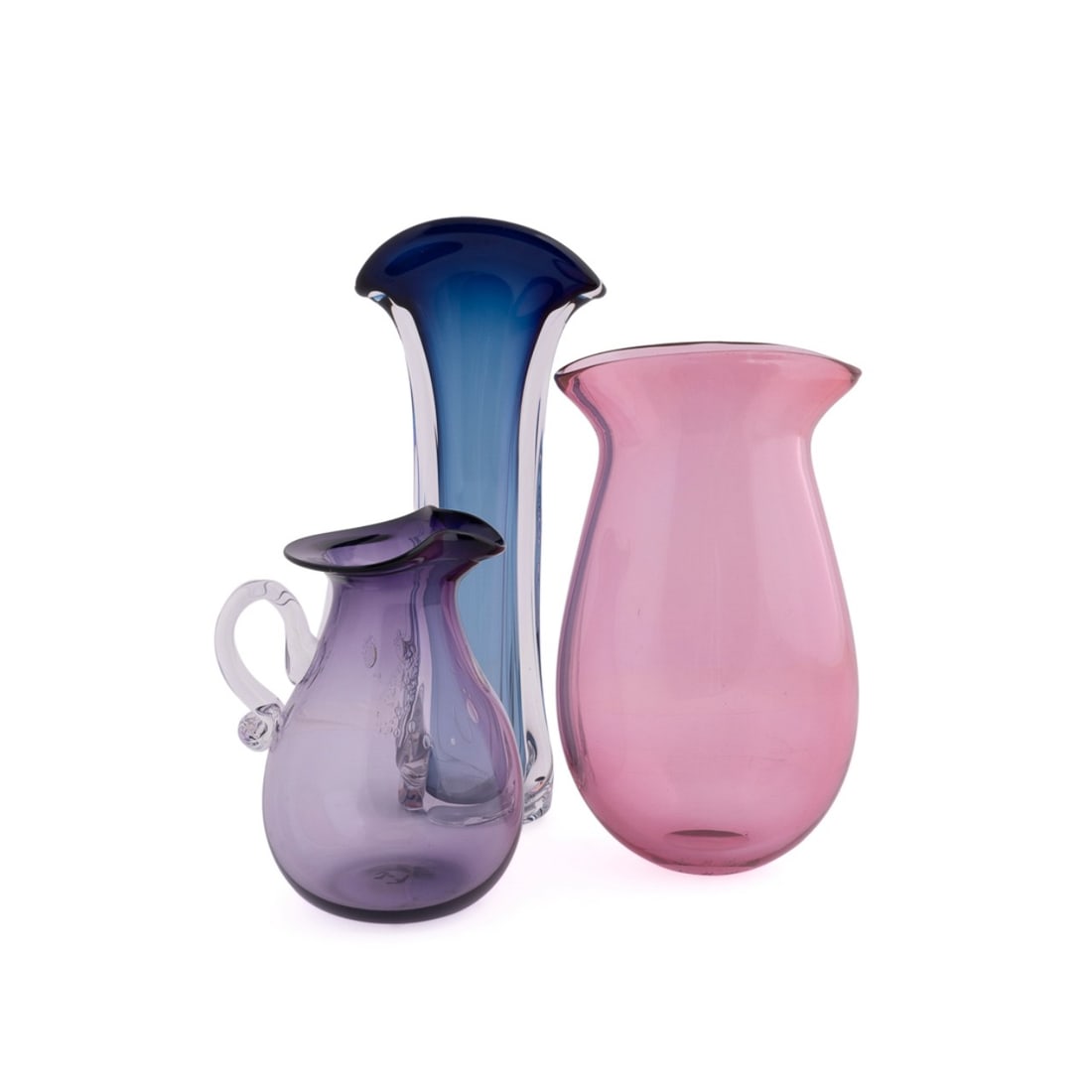 GROUP OF THREE ART GLASS PCS, 2 VASES 1 PITCHER (1 of 8)
