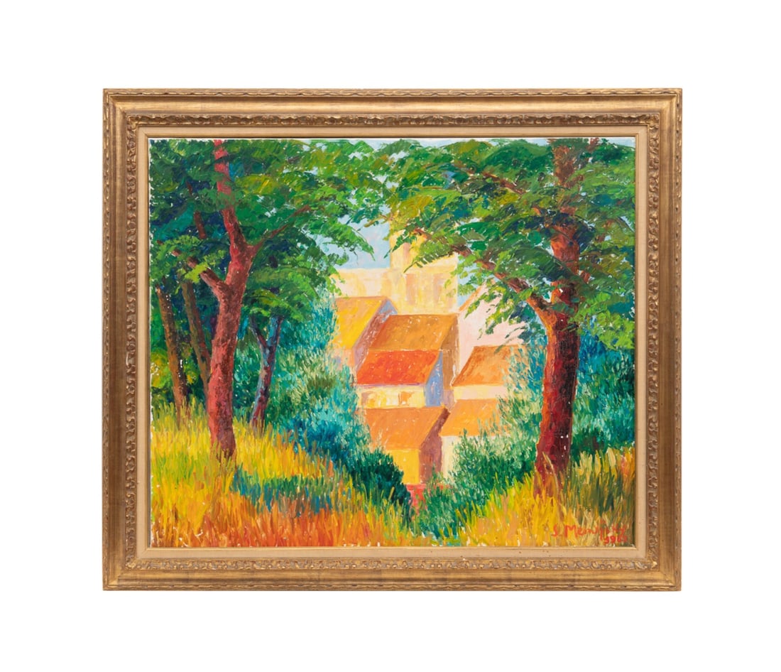 SERGE MENDJISKY, VILLAGE LANDSCAPE OIL, 1967: Serge Mendjisky (French, 1929-2017). "Village at the Edge of the Woods" - 1967, oil on canvas, signed and dated to LR, signed, dated, and artist's stamp to verso. Framed. Provenance: Private Collectio