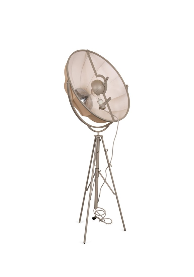 FORTUNY PALLUCCO 'MODA' FLOOR LAMP: Mariano Fortuny (Spanish / Italian, 1871-1949) for Pallucco (Italian, founded 1980s). "Moda" floor lamp, with a titanium tripod base and beige cotton (outside) shade, appropriately marked to socket. P