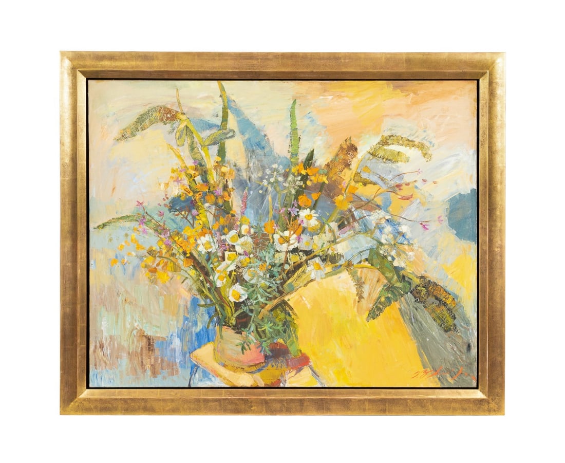OLEAN ZVYAGINTSEVA 'FIELD FLOWERS', OIL, 2010: Olean Zvyagintseva (Ukrainian, born 1977) . "Field Flowers" - 2010, oil on linen, signed to LR, gallery label to verso for TEW, Atlanta, GA. Framed. Approximate dimensions: canvas h. 43.25", w. 55.25"