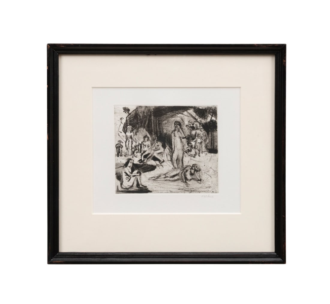 ISABELLE MELCHIOR, 'LES BAIGNEUSES', 1989, ETCHING: Isabelle Melchior (French, born 1950). "Les Baigneuses" - 1989, etching on paper, signed "Melchior" in pencil to LR under image, label for Galerie Timothy Tew, Atlanta, GA, affixed to verso with