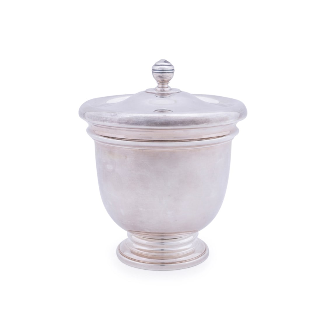 MID-20TH C. PAMPALONI STERLING LIDDED ICE BUCKET: Pampaloni (Italian, founded 1902), mid-20th century. Sterling silver lidded ice bucket, having a ringed body, plastic liner, ad rising on a stepped dome foot, appropriately marked. Approximate