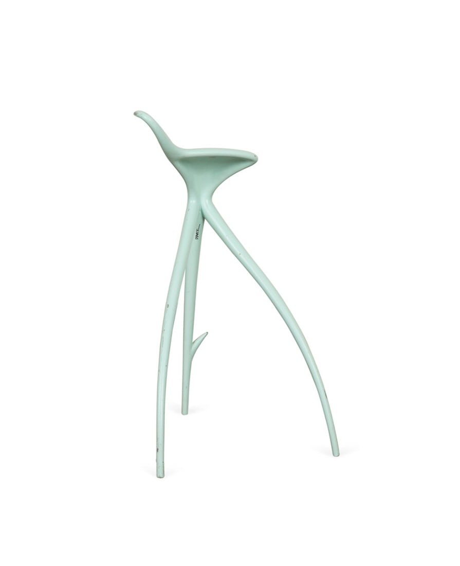 PHILIPPE STARCK SCULPTURAL 'W.W.' STOOL, C. 1990: Philippe Starck (French, born 1949) for Vitra (Swiss, founded 1950), designed 1990. "W.W." stool, mint blue enameled and sand-cast aluminum, stamped signature "Starck" to back of front leg. Provenance