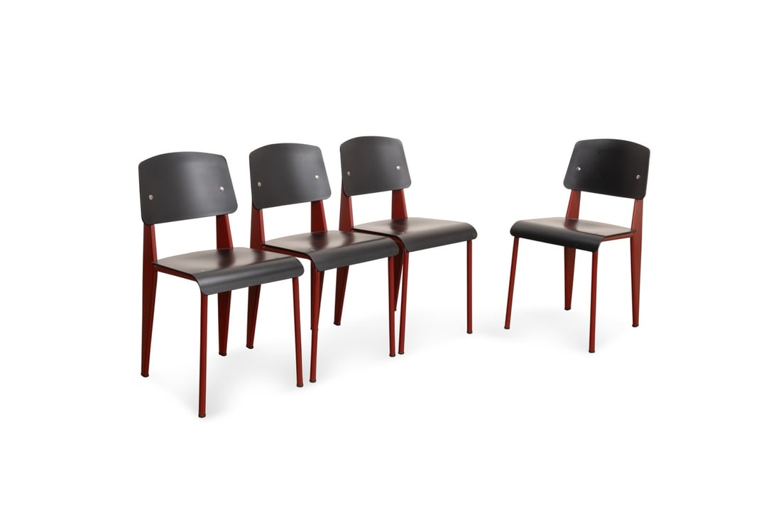 4 PROUVE + VITRA 'STANDARD SP' BLACK & RED CHAIRS: Jean Prouve (French, 1901-1984) for Vitra (Swiss, founded 1950), contemporary. Set of four "Standard SP" black plastic back and seat, with 06 Japanese red powder coated tubular steel base, molded make
