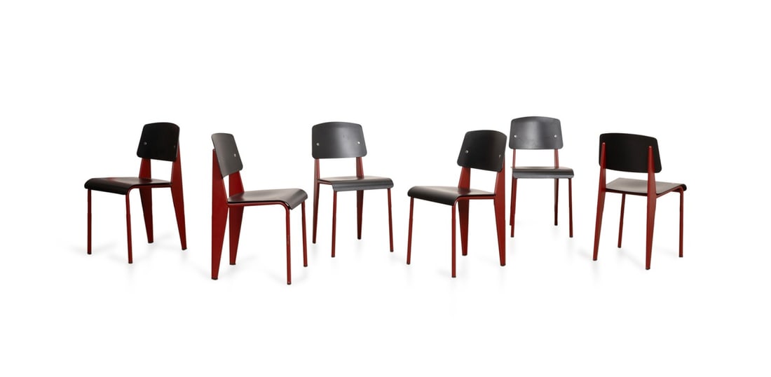 6 PROUVE + VITRA 'STANDARD SP' BLACK & RED CHAIRS: Jean Prouve (French, 1901-1984) for Vitra (Swiss, founded 1950), contemporary. Set of six "Standard SP" black plastic back and seat, with 06 Japanese red powder coated tubular steel base, molded maker