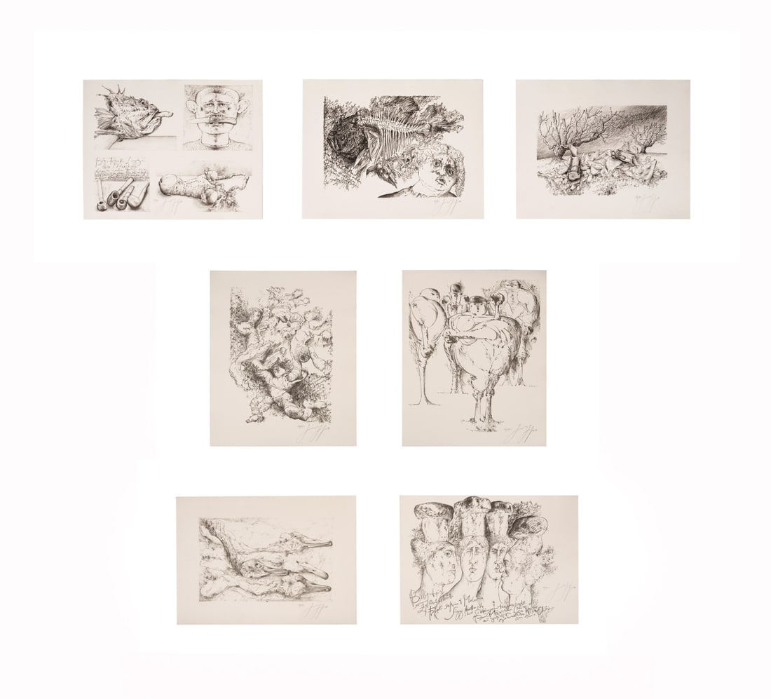 GUNTER GRASS, 'FATHER'S DAY' COMPLETE PORTFOLIO: Gunter Grass (German, 1927-2015). "Vatertag" (Father's Day) from the novel "The Flounder" - 1982, portfolio comprising one title page, three printed poem pages (in German and the English