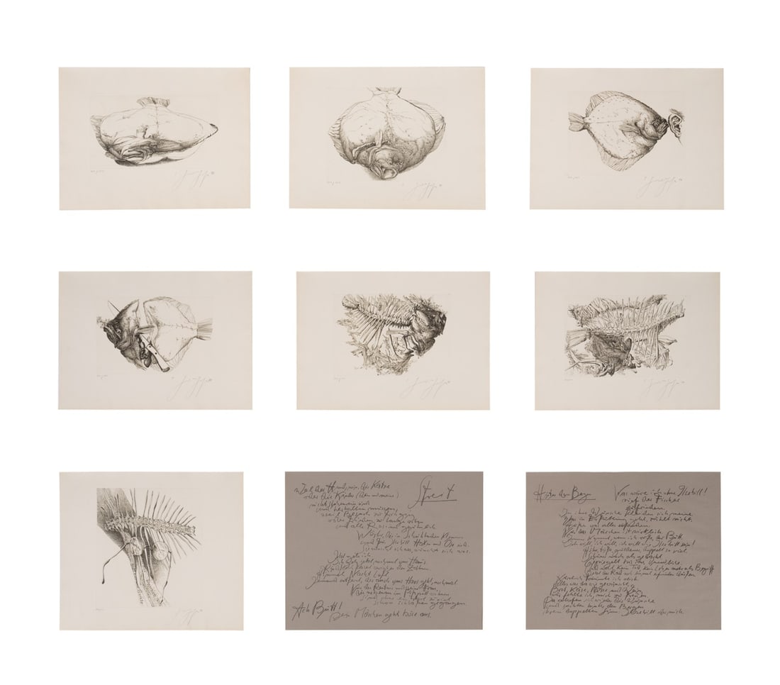 GUNTER GRASS, 'WHEN ONLY THE BONE REMAINED' SERIES: Gunter Grass (German, 1927-2015). "Als vom Butt nur die Grate geblieben war" (When Only the Bone Remained of the Flounder) - 1977, portfolio comprising one title page, two lithograph poem pages, and