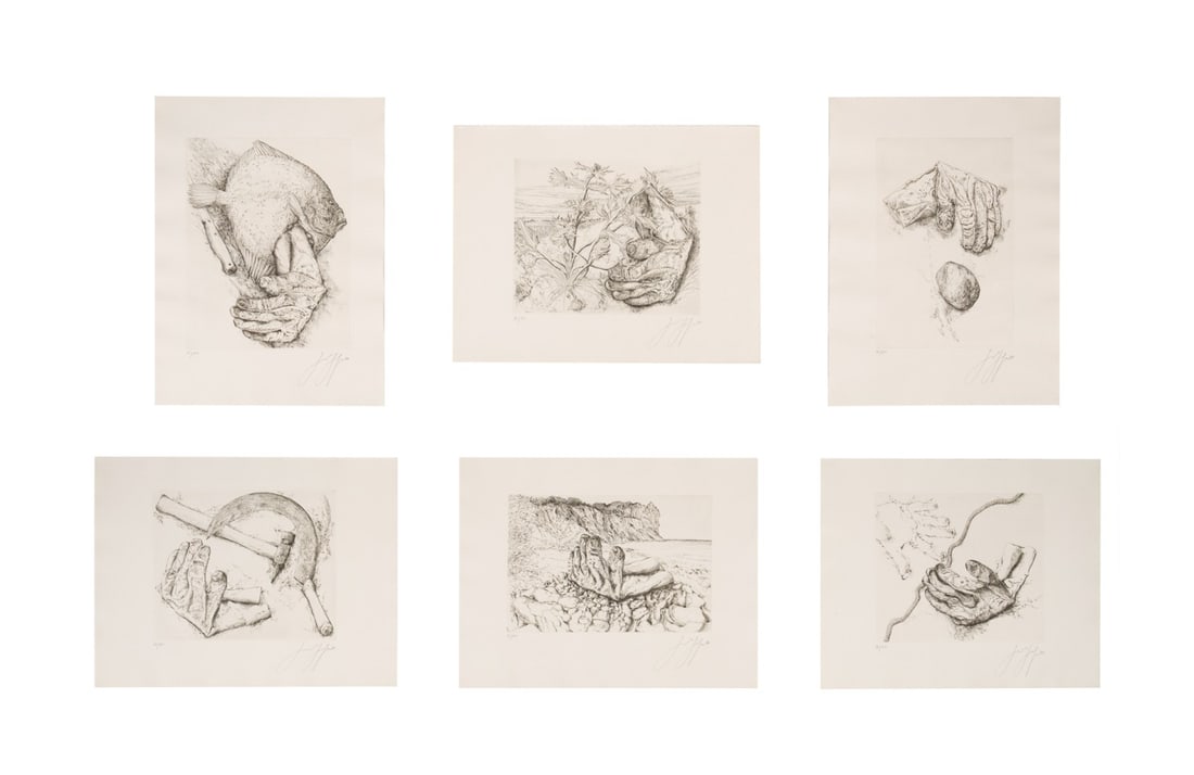 GUNTER GRASS, 'OBITUARY OF A GLOVE' SERIES, 1981: Gunter Grass (German, 1927-2015). "Nachruf auf einen Handschuh" (Obituary of a Glove) - 1981, portfolio comprising one title page, one printed poem page, and seven editioned etchings, all numbered 16