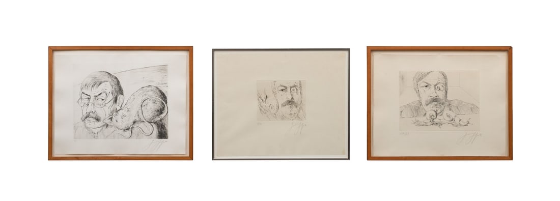 GUNTER GRASS, THREE LIM. EDITION SELF-PORTRAITS: Gunter Grass (German, 1927-2015). Thee limited edition self-portraits comprising "Grass with Snail", 1972, etching, numbered 71 of 100; "Self-portrait with snails", 1972, etching, numbered 58 of 60;