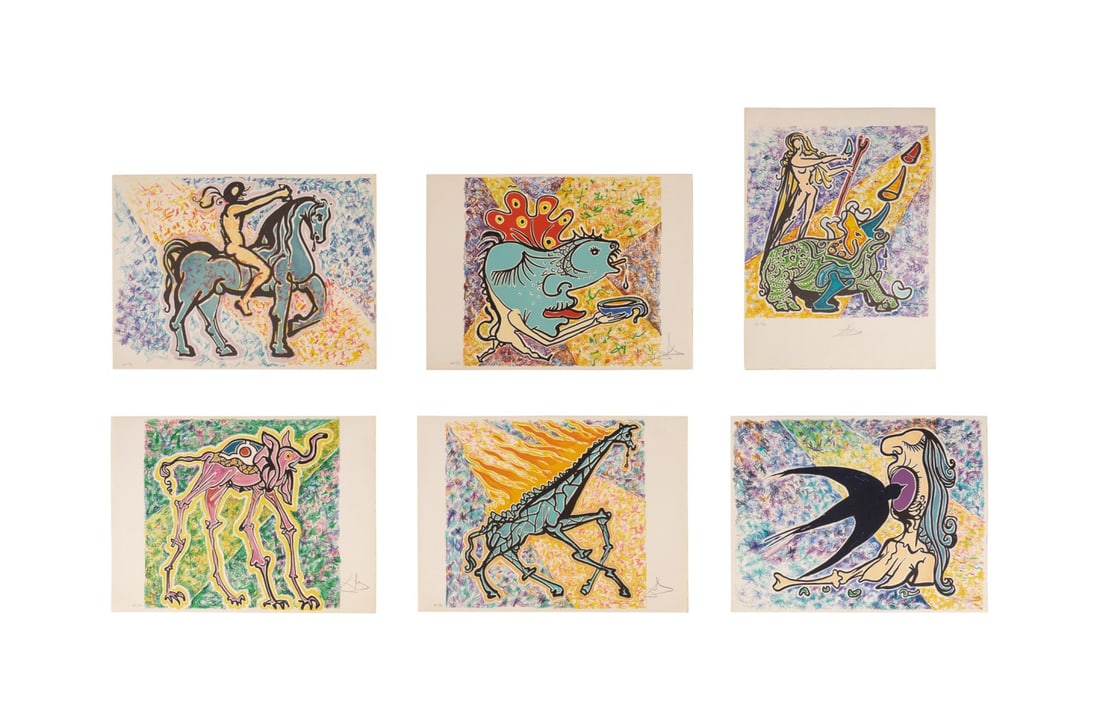 SALVADOR DALI, 'LA JUNGLE HUMAINE' COMPLETE SUITE: Salvador Dali (Spanish, 1904-1989). "La Jungle Humaine" - 1973, portfolio with complete text and six lithographs in color on Arches paper housed in the original green linen portfolio case, all numbere
