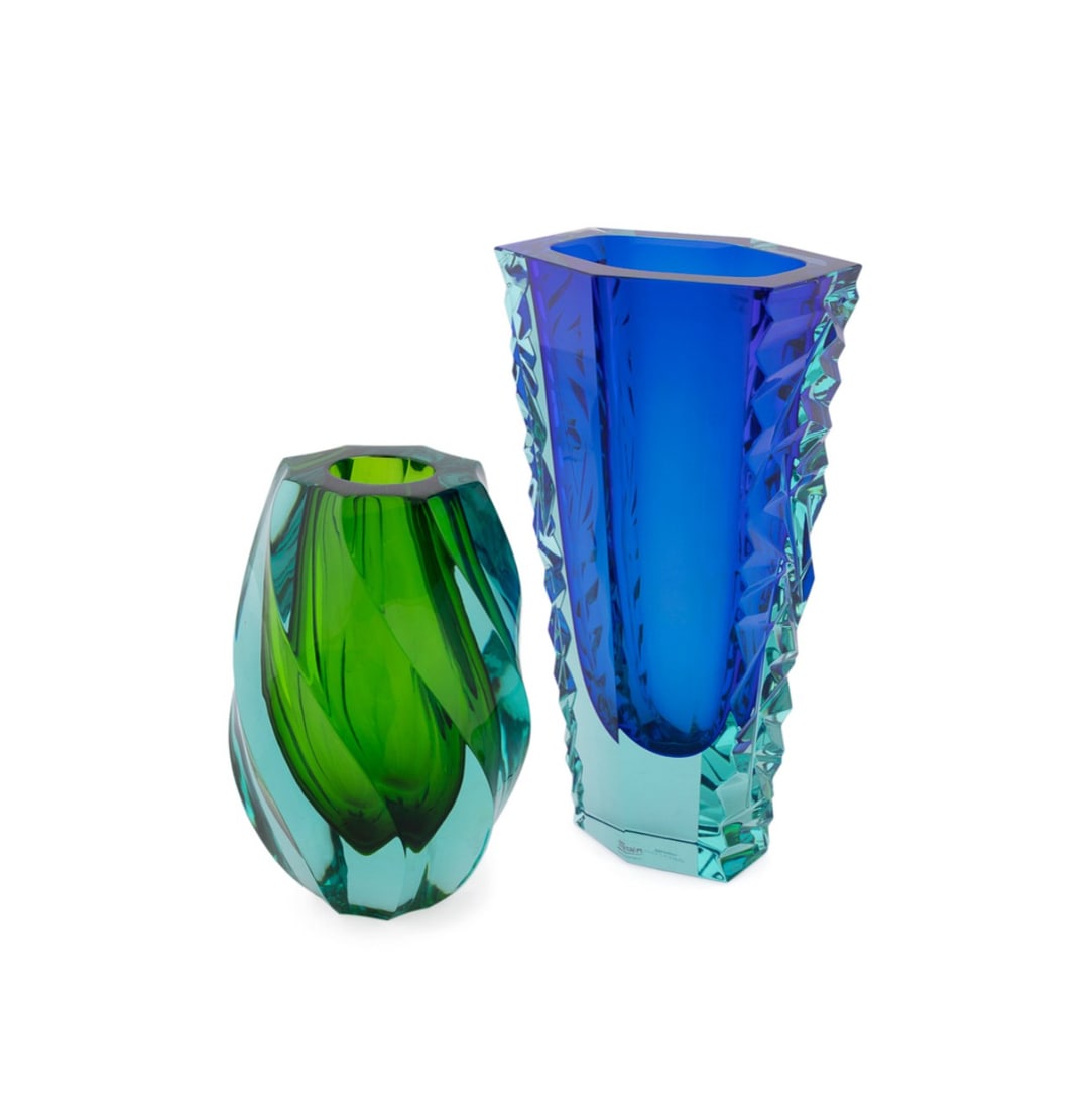 MOSER, TWO DESIGNER BLUE AND GREEN CRYSTAL VASES (1 of 10)