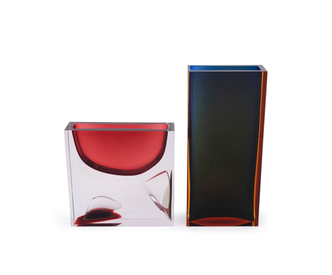 ANNA TORFS, 'TRAAM HIGH' & 'MOMENTS' VASES: Anna Torfs (Belgian / Czech, born 1965). Two studio glass vases: Objects series "Traam High" - 2008, cased and cut glass, numbered 18, signed and dated to the underside; Icons series "Moments" vase - 