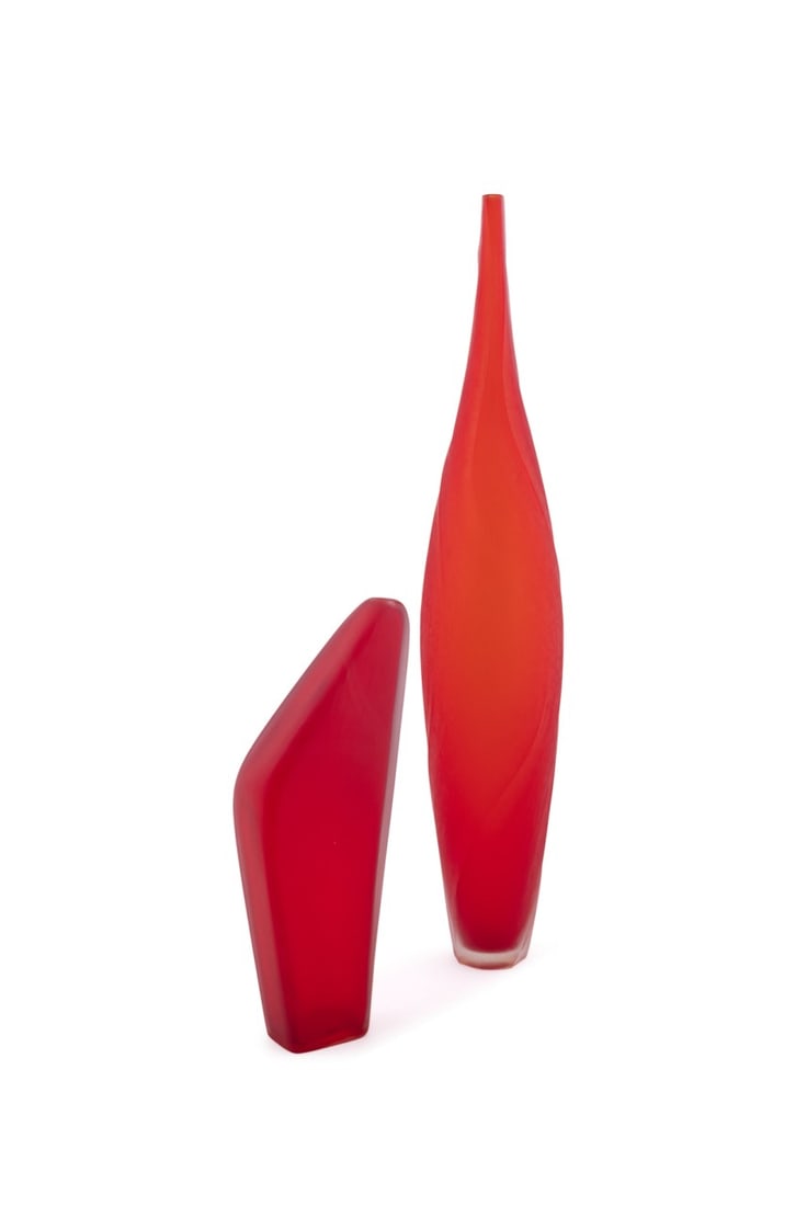 TWO TEXTURED RED ART GLASS VASES, INCL MARTINUZZI (1 of 7)