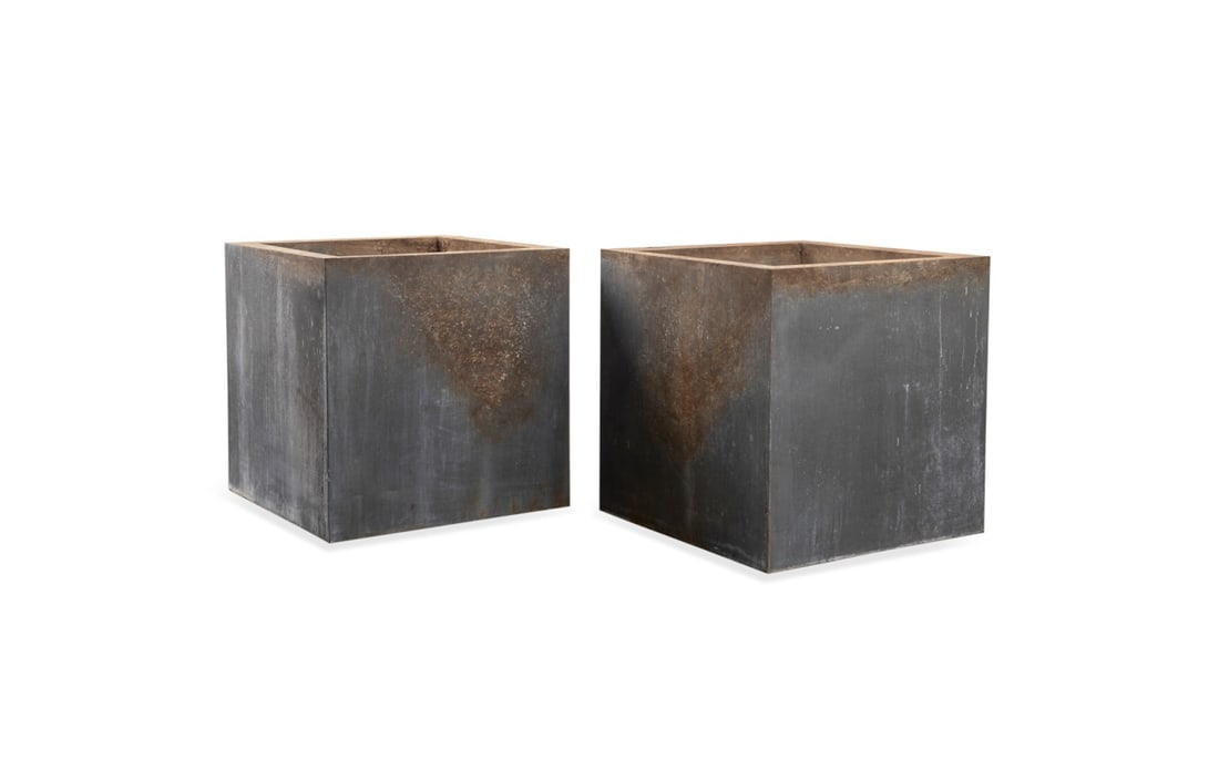 PAIR OF LARGE SQUARE ZINC OUTDOOR GARDEN PLANTERS: American, second half 20th century. Pair of large square patinated zinc garden planters, apparently unmarked. Approximate dimensions: h. 31.375", w. 31.625", d. 31.5".
