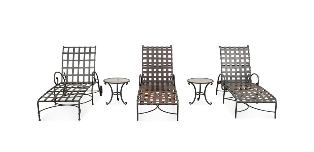 5PC BROWN JORDAN PATIO SET, LOUNGES & SIDE TABLES: Brown Jordan (American, founded 1945). Five piece patio set comprising, three chaise lounge chairs, including one "Florentine" and two small round glass top side tables, Approximate dimensions: lounge