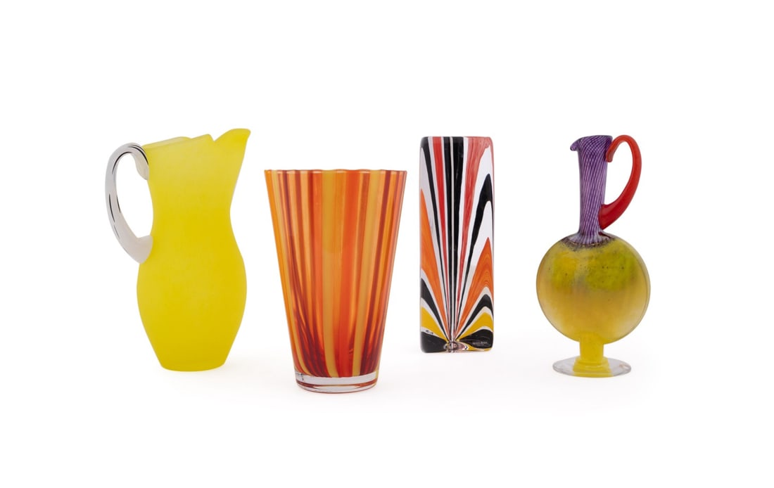 KOSTA BODA, GROUP OF FOUR YELLOW/ORANGE PCS: Kosta Boda (Swedish, founded 1742), late 20th to early 21st century. Group of four yellow/orange objects comprising one Gunnel Sahlin (Swedish, born 1954) "Amazon" series yellow pitcher (model 89276),