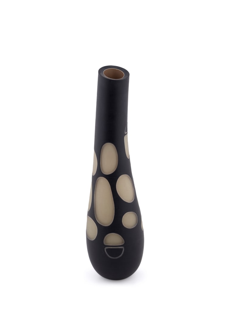 ANU PENTTINEN, BLACK VESSEL WITH OPAL OVALS, 2002: Anu Penttinen (Finish, born 1974). Untitled - Black Vessel With Cut Opal Ovals - 2002 cased, blown, and wheel cut glass, signed and dated to the underside. Provenance: Private Collection of an