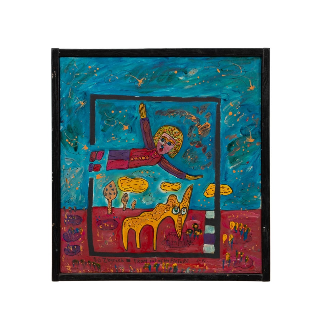 Z. KUPCZYNSKI, 'FROM OUT OF THE PICTURE', 1992: Zbigniew "Zbyszek" Kupczynski (Polish / Canadian, 1928-2024). "From Out of the Picture" - 1992, polychrome paint on fabric over stretcher, signed "Zbyszek", titled, and dated to lower edge. Framed.