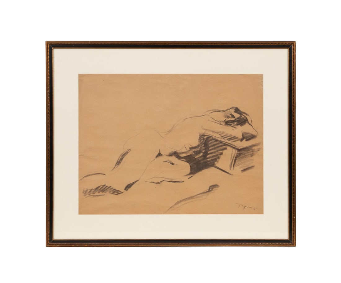 JEAN AUJAME, RECLINING NUDE 1951, CHARCOAL DRAWING (1 of 5)