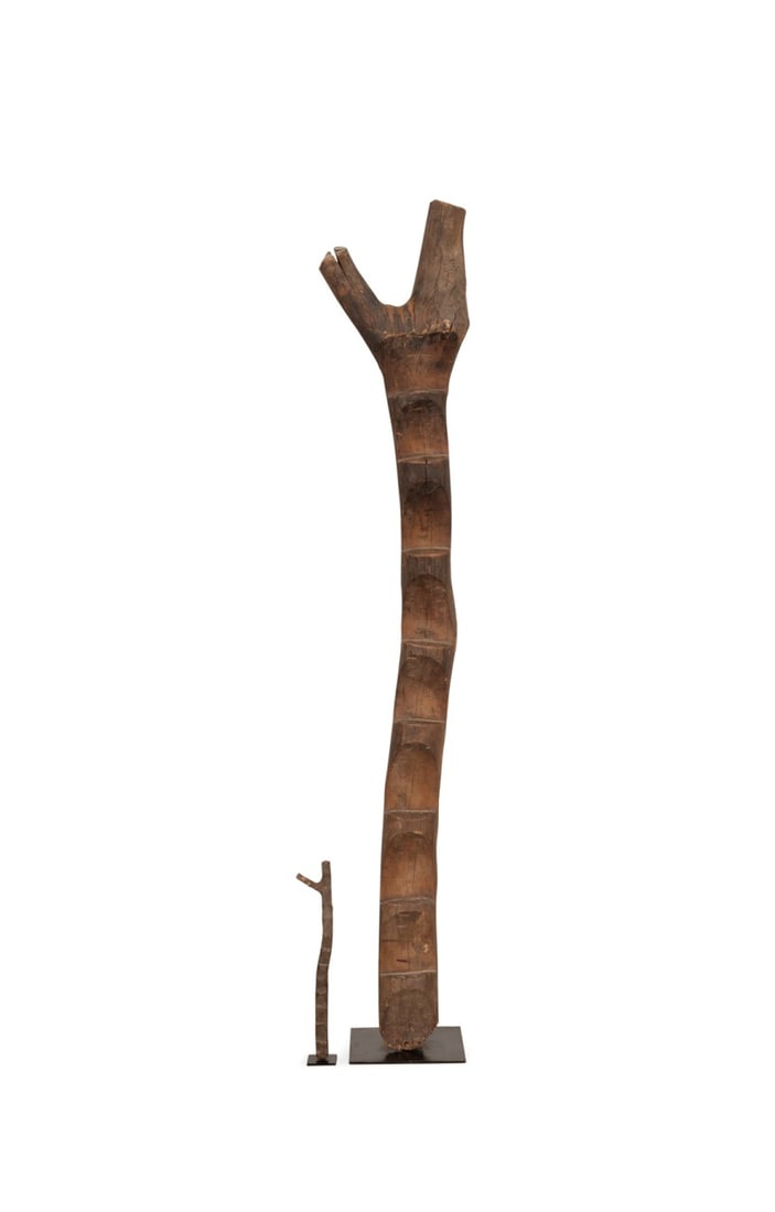 TWO AFRICAN MALI DOGON LADDERS, ONE MINIATURE: African, Mali, Dogon peoples, late 19th / early 20th century. Two carved wood ladders, one miniature, each carved from a single piece of wood, with a "Y"-form top and notched steps along body. Both