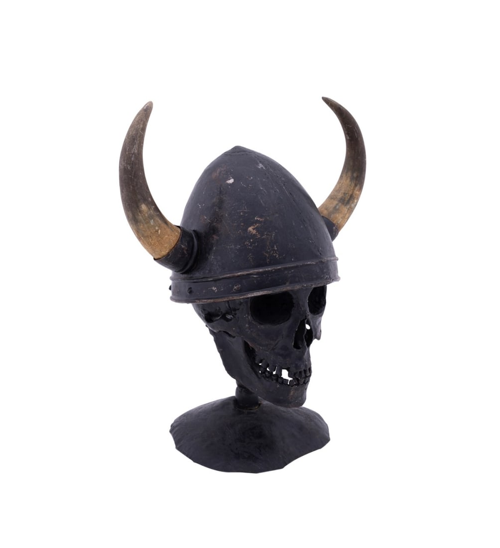 SKULL WITH VIKING HELMET, ATTRIB. CRAIG GOODMAN: Attributed Craig Goodman for C.J. Sculptures (Australian). Untitled - Skull with Viking Helmet - Contemporary, horn and metal, apparently unsigned. Provenance: Private Collection of an Esteemed