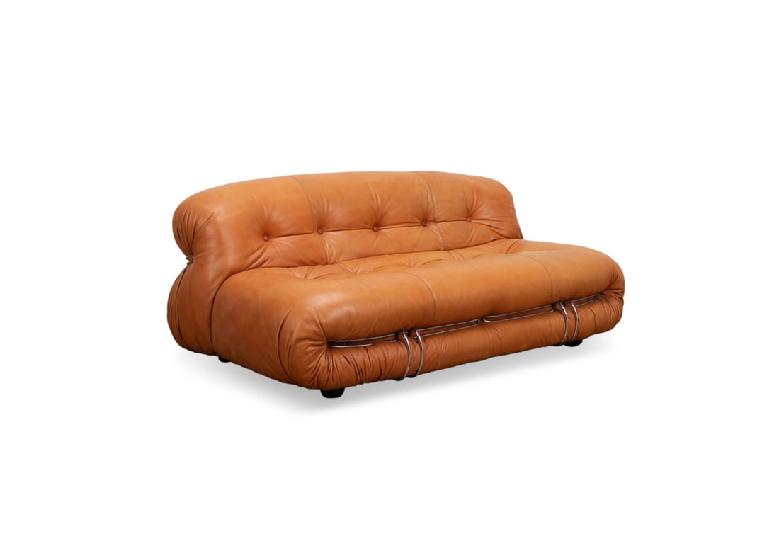 SCARPA FOR CASSINA 'SORIANA' TAN LEATHER LOVESEAT (1 of 7)