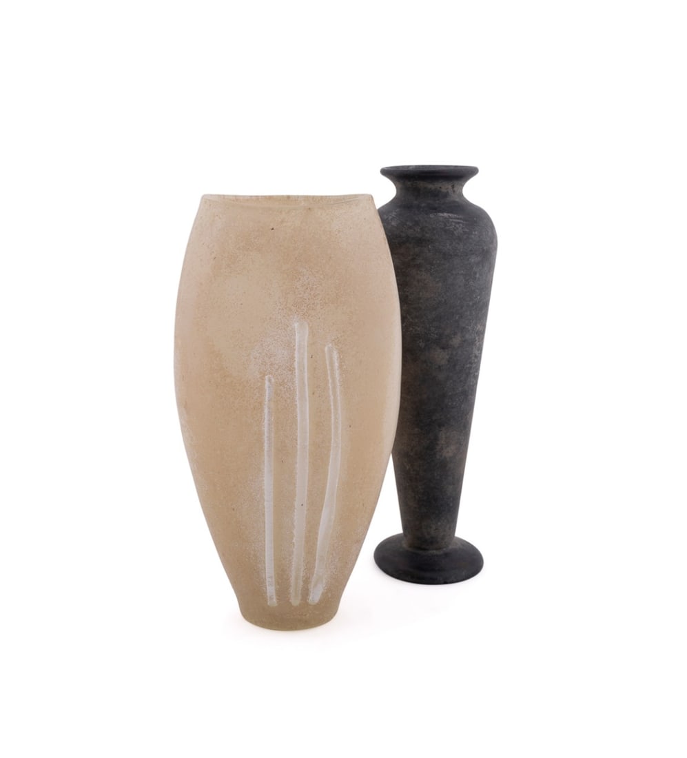 TWO TEXTURED GLASS VASES, BEIGE AND BLACK (1 of 8)