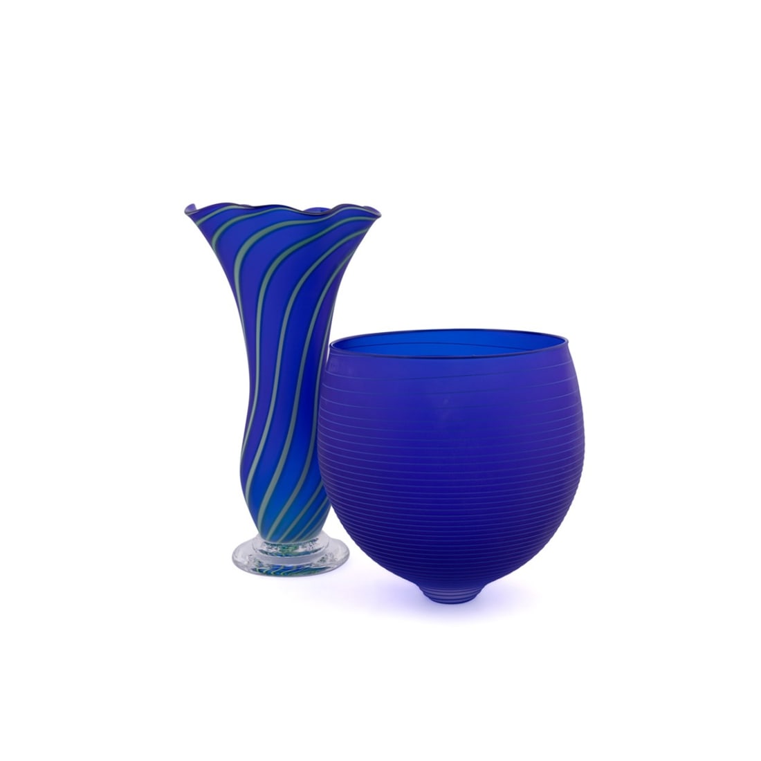 TWO COBALT & SWIRL MOTIF ART GLASS VESSELS (1 of 9)