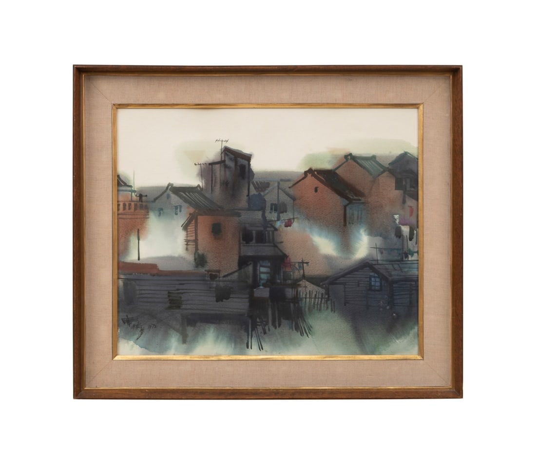 SHIY DE-JINN, VILLAGE LANDSCAPE, 1972: Shiy De-jinn (Chinese, 1923-1981). Untitled - 1972, village landscape, ink and watercolor on paper, signed and dated to LL. Framed. Approximate dimensions: sheet h. 20.125", w. 24.5"; frame h. 26.25",
