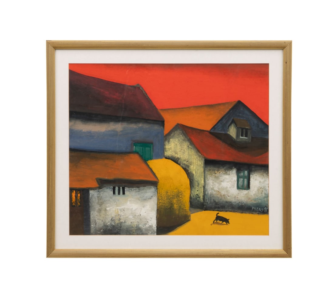 DAO HAI PHONG, HOUSES WITH DOG, 1996 OIL: Dao Hai Phong (Vietnamese, born 1965). Untitled - Houses with a Dog Against a Red Sky- 1996, oil on paper, signed and dated to LR. Framed. Provenance: Private Collection, Kennesaw, GA. Approximate dim