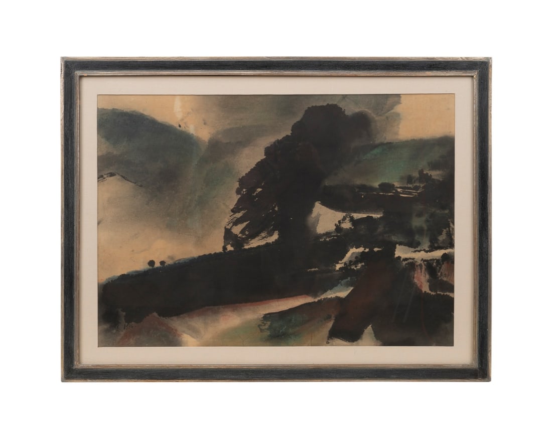 WEN CHI, DARK ABSTRACT, 1973, W/C AND INK: Wen Chi (Chinese, born 1930). Untitled - 1973, abstract composition in dark tones, watercolor and ink on paper, signed and dated to LL. Framed. Approximate dimensions: sight h. 26", w. 36"; frame h. 3