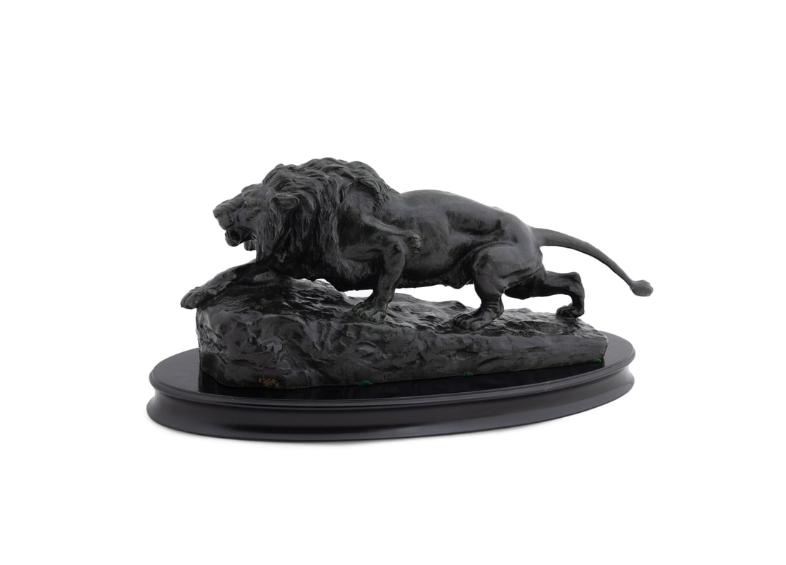Isidore Jules Bonheur Lion ? l'Aff: Isidore Jules Bonheur French, 1827-1901 Lion L'affut (Stalking Lion) Patinated Bronze signed to "I. Bonheur" to right edge, stamped "Peyrol" to center left side, having an oval black marble plinth. fi