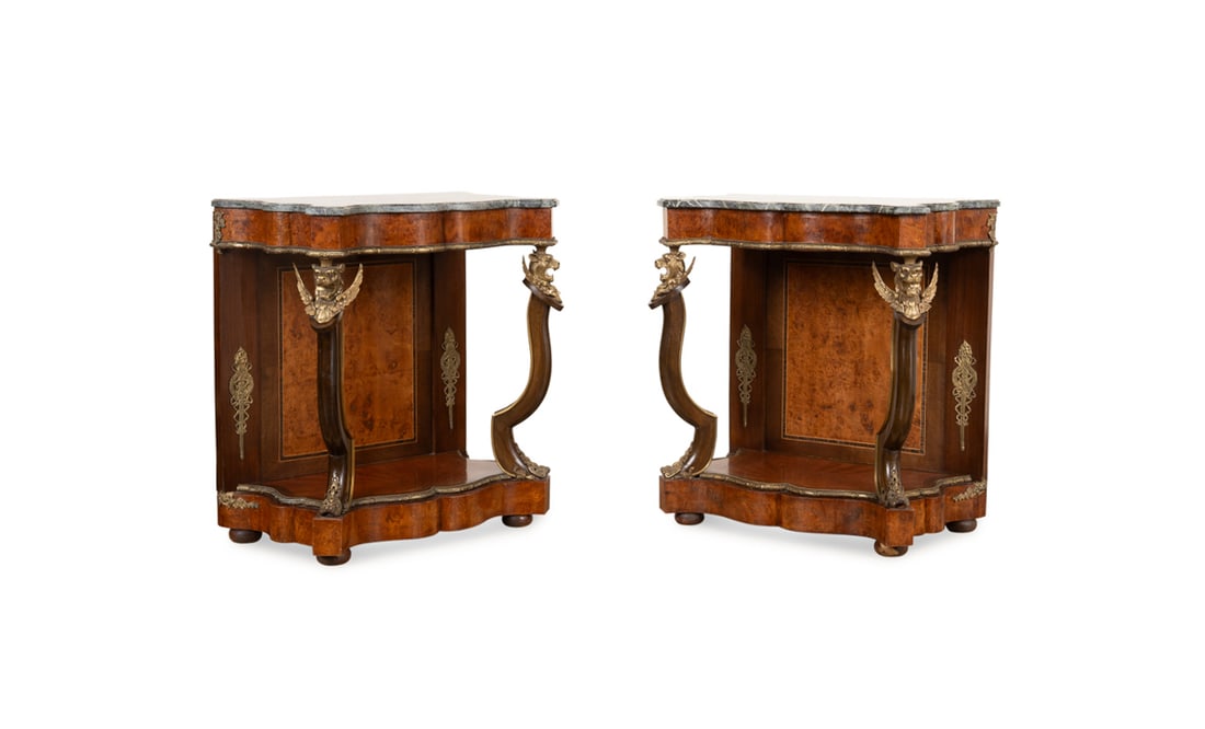 Pair Empire Bronze-Mtd. Pier Tables: Pair of Empire Style Marble Top Bronze Mounted Pier Tables Late 20th Century Pair of burl, mahogany, and mixed wood veneer and bronze mounted pier or console tables in the Empire taste, each having a 