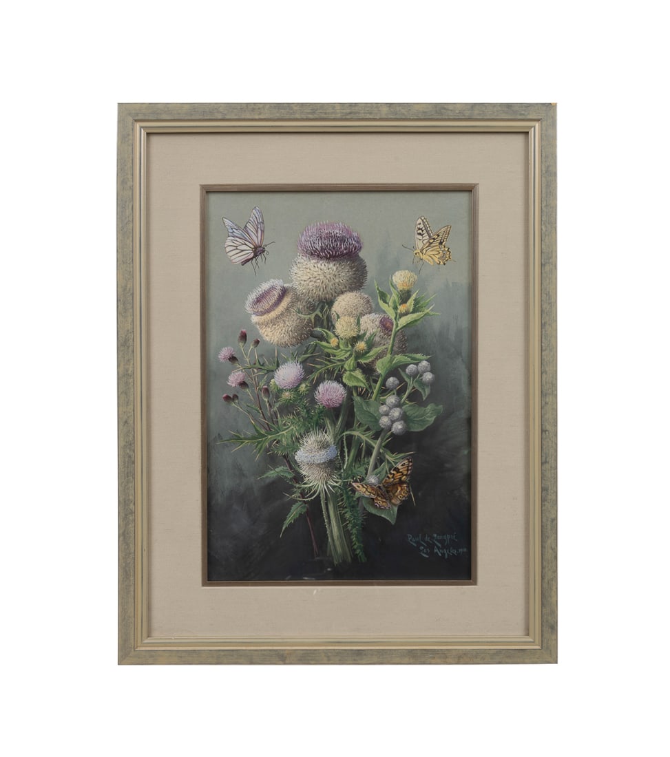 Paul De Longpre "Thistle...", 1910 WC: Paul De Longpre French/American, 1855-1911 "Still Life with Thistle and Butterflies" - 1910 Watercolor on paper Signed and dated to LR. Framed. Sight: 17 7/8 x 12 in. (45.4 x 30.5 cm.), Frame: 25 5/8 
