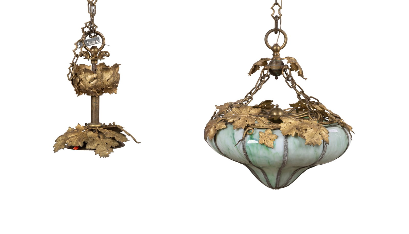 Art Nouveau Gilt Bronze & Slag Glass Pendant: Art Nouveau Gilt Bronze & Slag Glass Pendant Chandelier Circa 1900, European Art Nouveau pendant 8 light chandelier, decorated with gilt bronze leaves, and having a green and white patterned slag glas