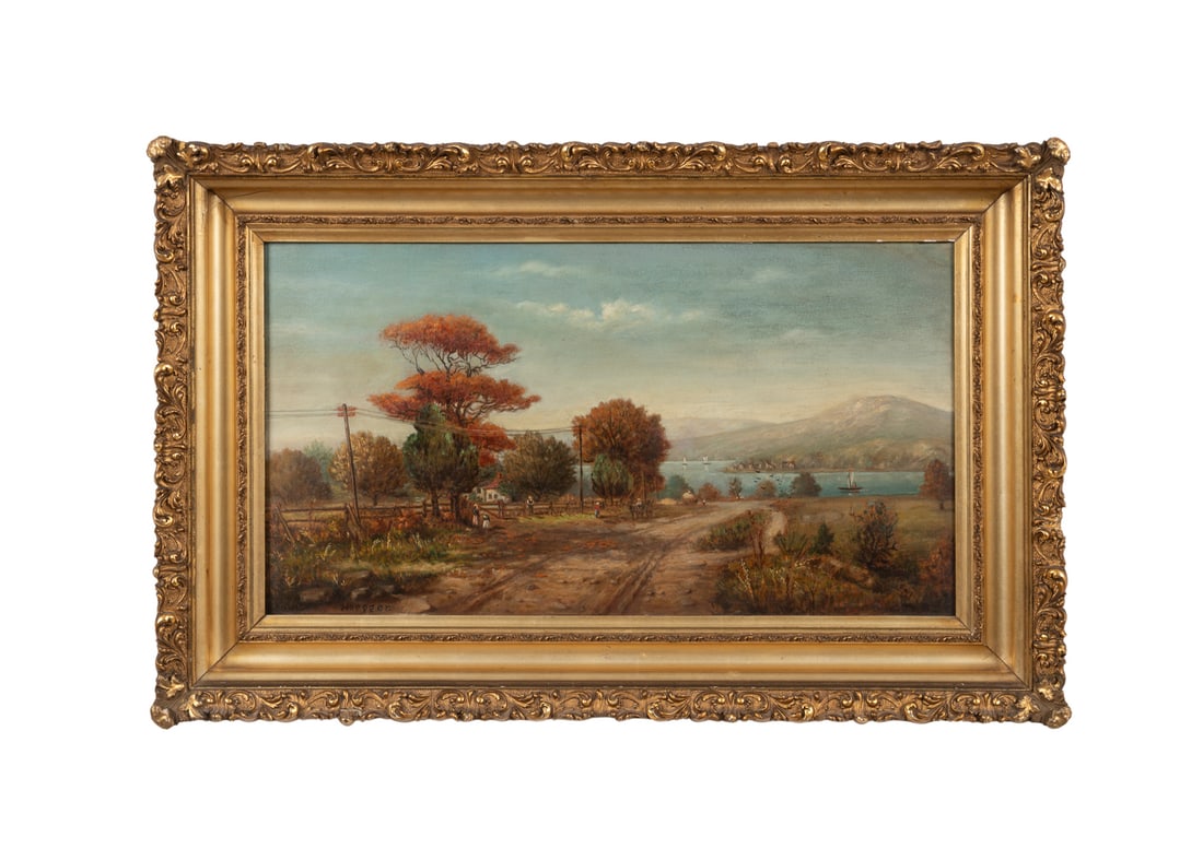 Ulrich A. Hoegger, Untitled - Landscape: Ulrich Augustus Hoegger Swiss / American, 1846-1908 Untitled - Landscape - late 19th-early 20th century Oil on canvas laid to board Rural autumnal genre scene with figures and a lake in the background