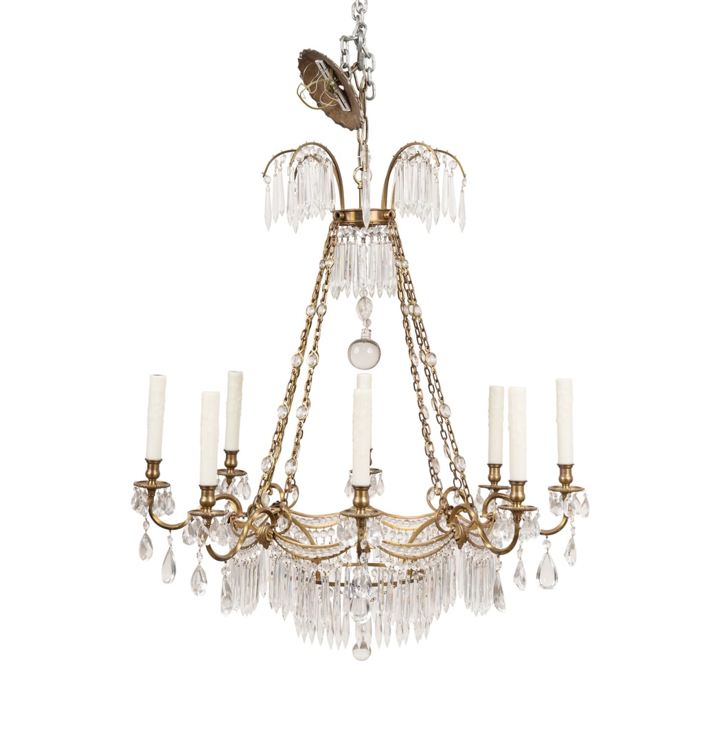 Russian Baltic Empire Crystal Chandelier, 20th: Russian Baltic Empire Style Crystal Chandelier 20th Century, Likely Continental Bronze 8 light basket chandelier in the Russian Baltic Empire or Neoclassical taste, hung with faceted and smooth colorl