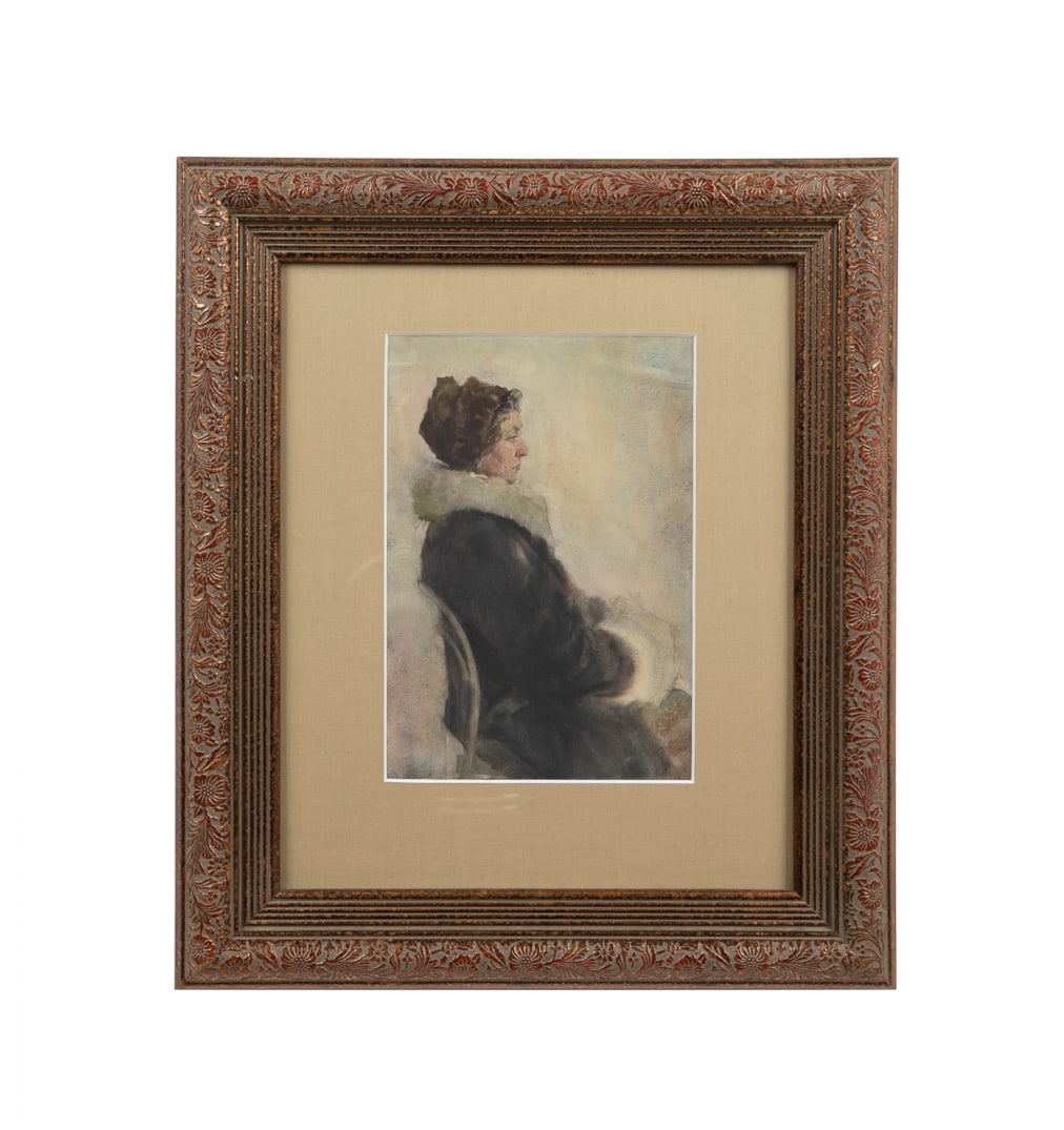 Vitaly Yekleris, "Woman With a Fur Muff" WC: Vitaly Yekleris Russian, born 1970 "Woman With a Fur Muff" - late 20th-early 21st century Watercolor on paper Label for Linda Woodall Fine Arts, Chattanooga, TN, with artist name and title to verso. F