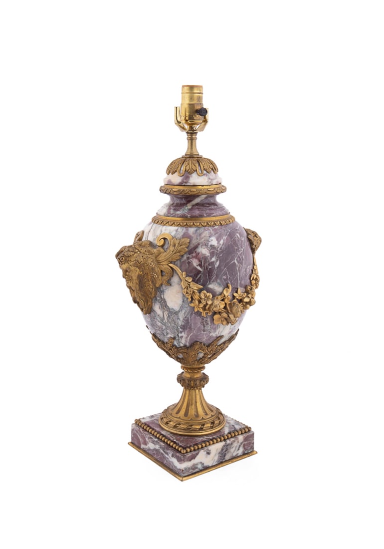 Louis XVI Ormolu Mounted Russo Marble Lamp, 20th: Louis XVI Style Ormolu Mounted Russo Marble Lamp 20th century, French Cassolette urn-form pink Russo marble lamp in the Louis XVI taste having double Bacchus mask handles with floral garlands, and ris