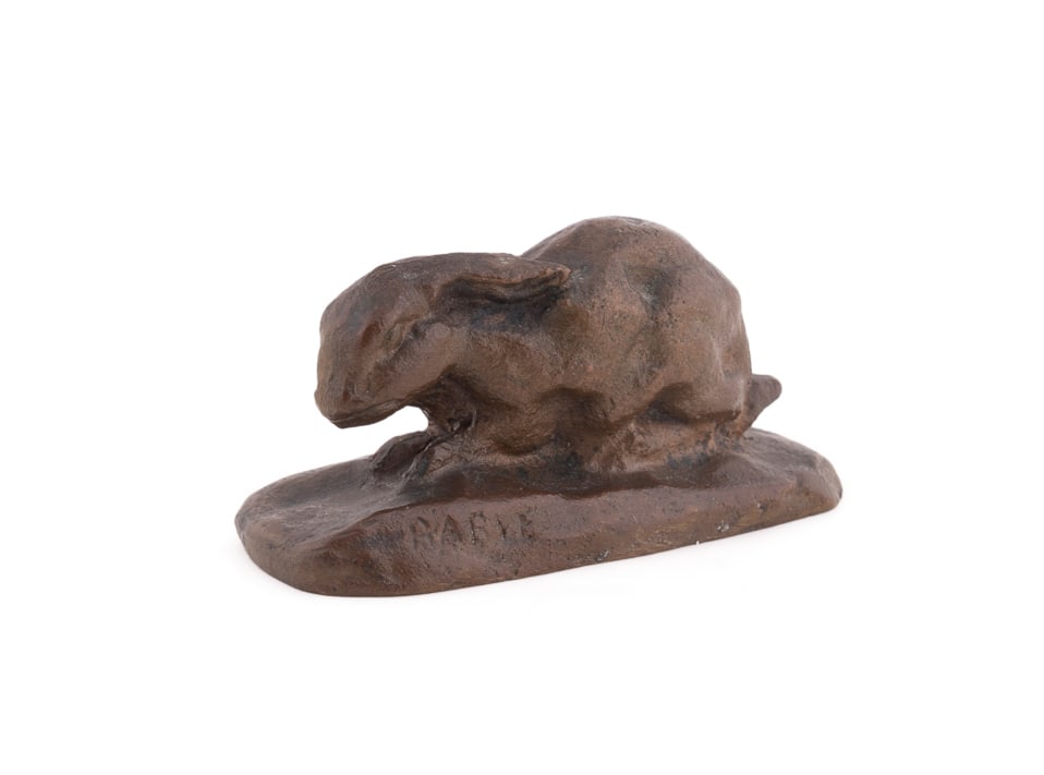 After Barye, "Rabbit with Ears Down", 19th-20th: "Rabbit with Ears Down" - 19th-20th century Patinated cast bronze After Antoine-Louis Barye (French, 1795-1875). "Lapin Oreilles Couchees" or "Rabbit with Ears Down", original modeled circa 1820s, sig