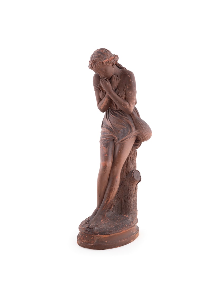After Jean Jules Cambos, "La Cigale" - 20th: "La Cigale" - 20th century Terracotta After Jean Jules Cambos (French, 1828-1917). Marked "J. Cambos" to tree base and partially inscribed "La Cigale ayant chante / Tout l'ete / Se Trouve fort depourv