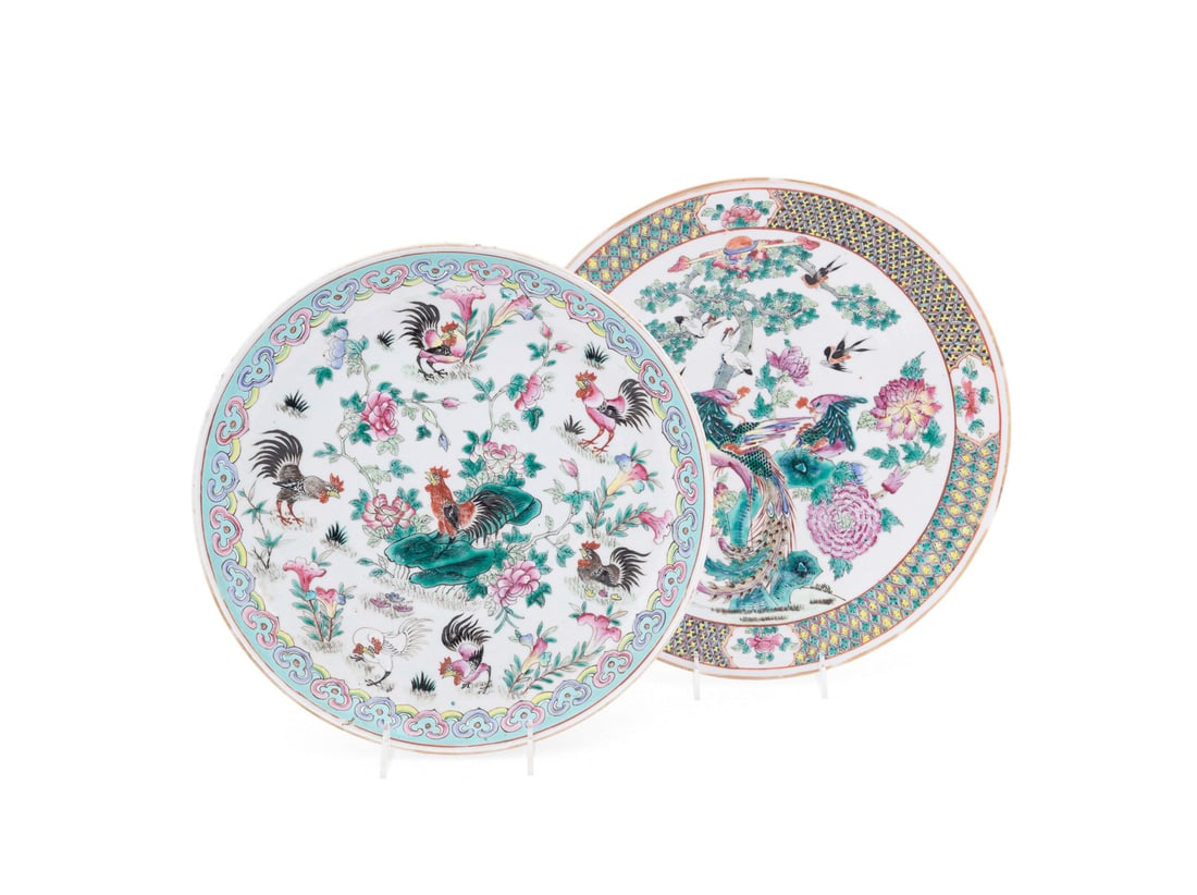 Two Rooster & Phoenix Motif Chargers, Chinese: Two Rooster & Phoenix Motif Chargers Chinese Two hand painted porcelain chargers, one Famille Verte decorated with phoenix and cranes on branches, with scattered flower-heads in magenta, green and