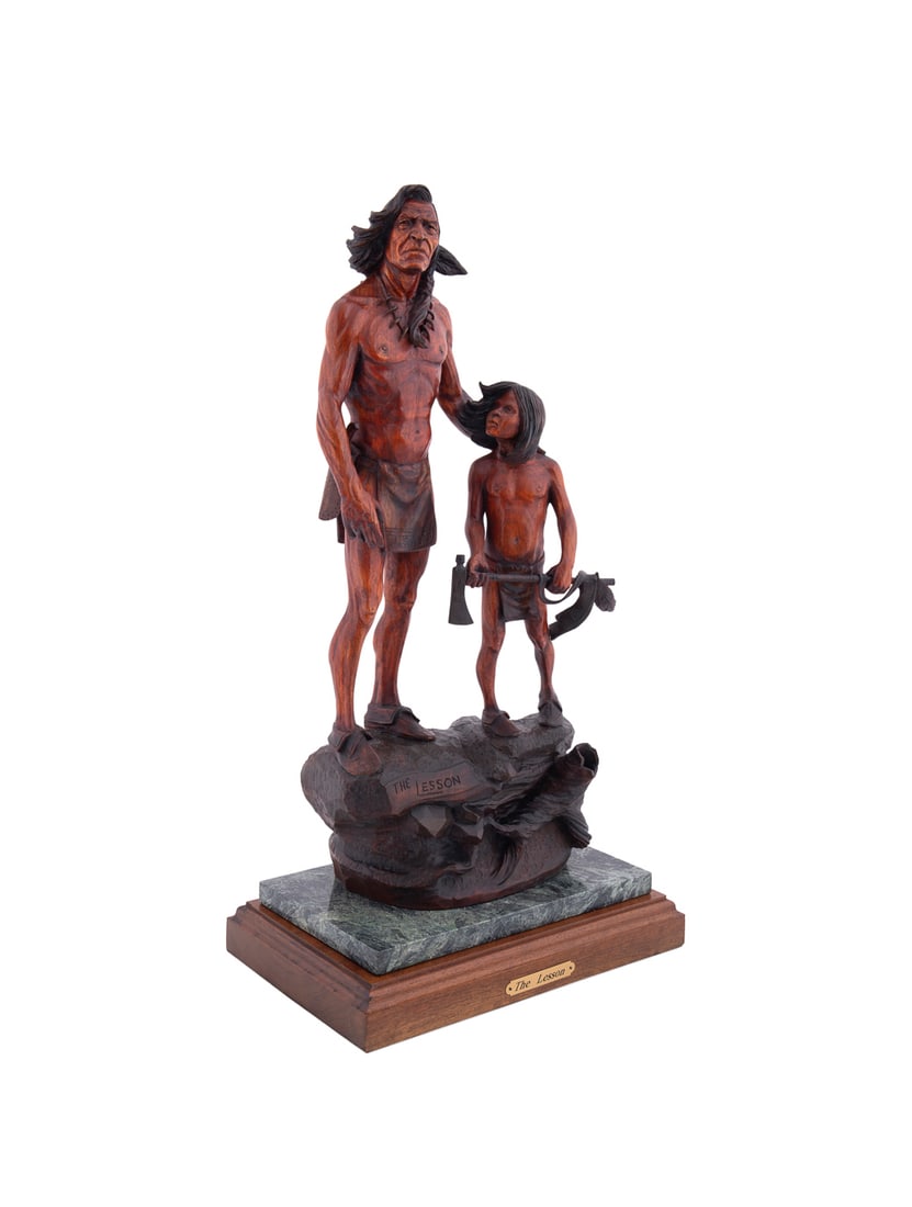 Robert Lee "Bob" Robertson, The Lesson - 1978: Robert Lee "Bob" Robertson American, 1939-2025 The Lesson - 1978 Hardwood American Western wooden sculpture, titled, signed, and dated to wooden base of figure. On attached marble and wooden base. Acc