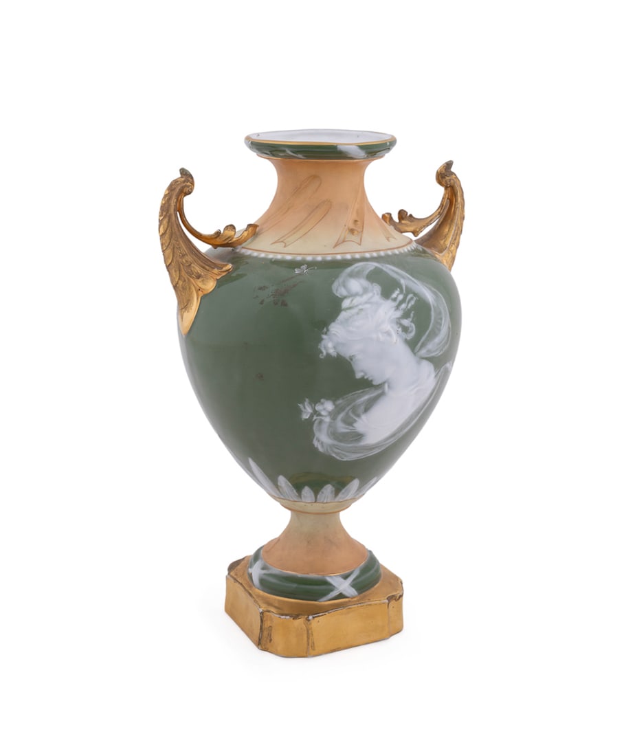 Minton (manner), Double Handled Pate-Sur-Pate: Minton (manner), Double Handled Pate-Sur-Pate Vase 20th Century, English Manner of Minton (English, 1793-2005). Green ground glazed and bisque porcelain pate-sur-pate urn, having double handles, and d